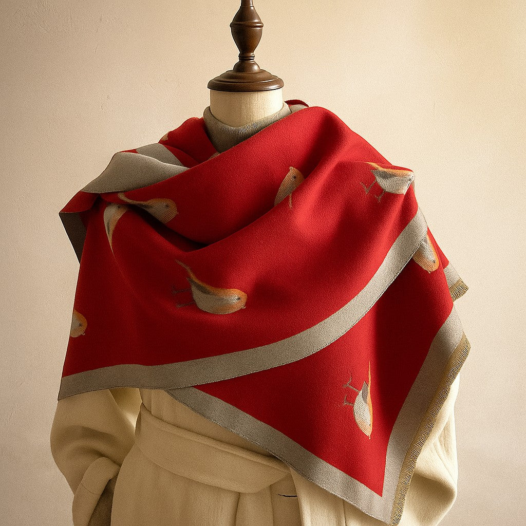 Women's Bird-Print Fringed Scarf in Red – draped view | Hensley London