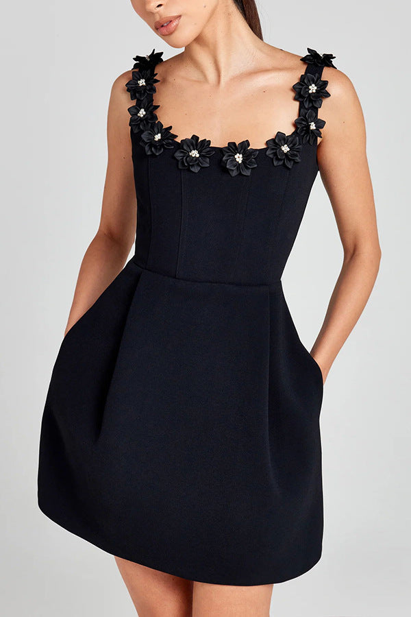 Women's Mini Dress Black Floral Embellished Polyester - 3