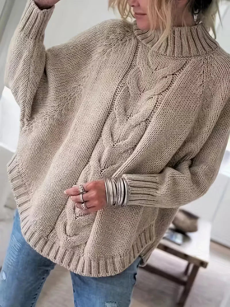 Women's Oversized Cable-Knit Turtleneck Sweater in Khaki – product view | Hensley London