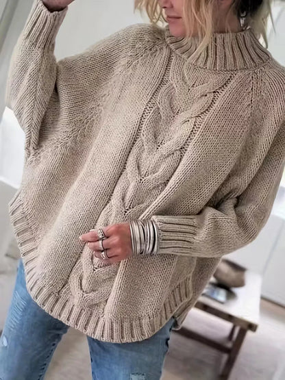 Women's Oversized Cable-Knit Turtleneck Sweater in Khaki – product view | Hensley London