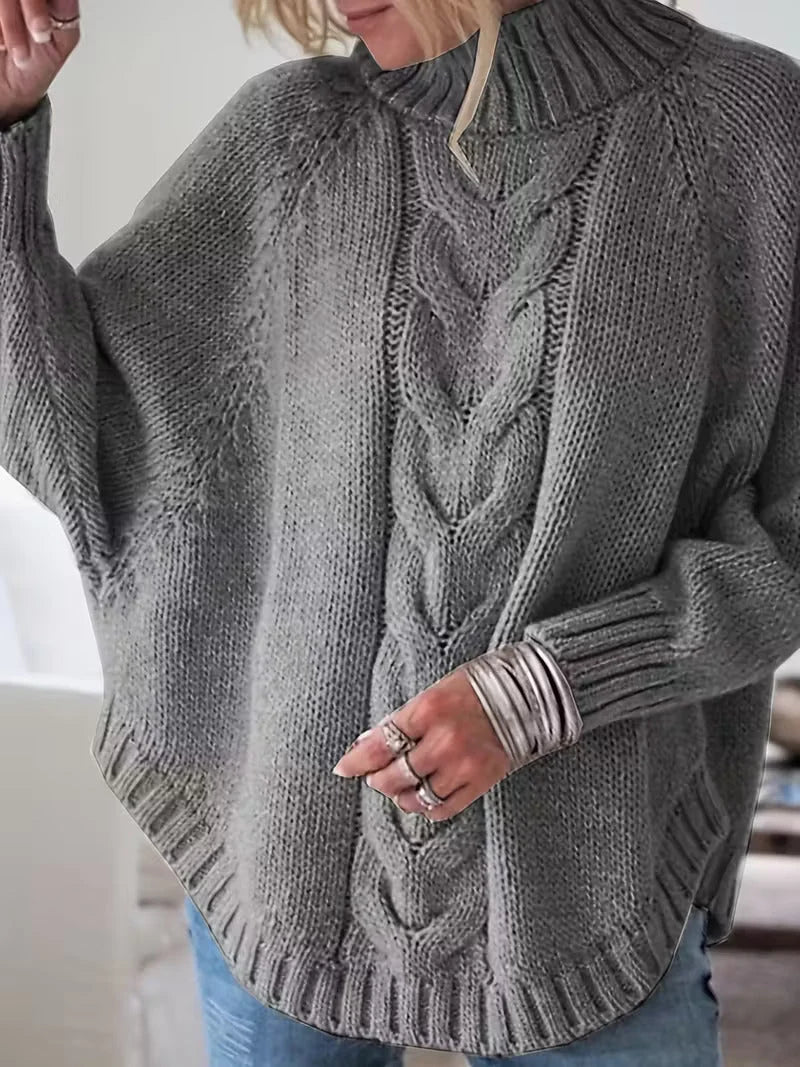 Women's Oversized Cable-Knit Turtleneck Sweater in Gray – additional product view | Hensley London