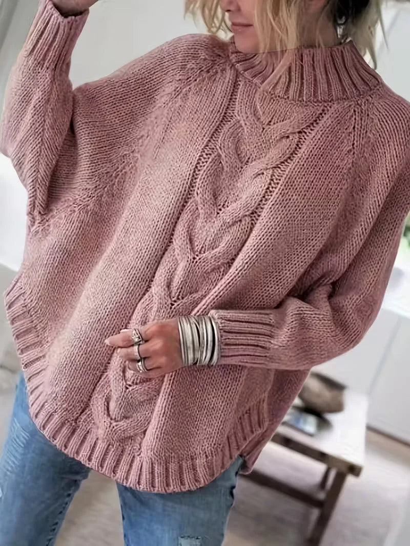 Women's Oversized Cable-Knit Turtleneck Sweater in Pink – additional product view | Hensley London