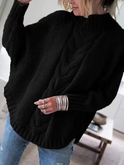 Women's Oversized Cable-Knit Turtleneck Sweater in Black – additional product view | Hensley London