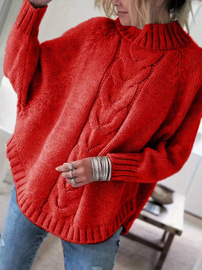Women's Oversized Cable-Knit Turtleneck Sweater in Red – additional product view | Hensley London