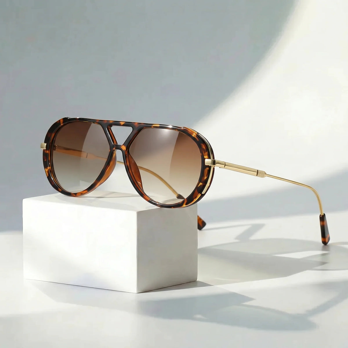 Unisex Angular Double-Bridge Aviator Sunglasses in Brown – product view | Hensley London