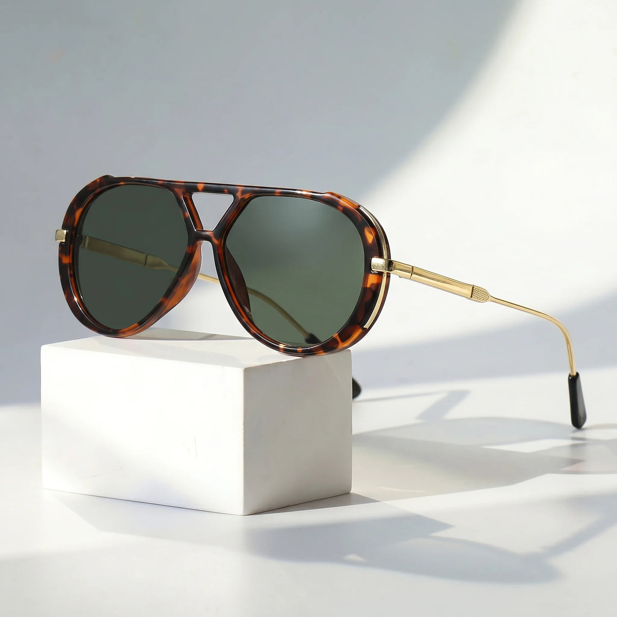 Unisex Angular Double-Bridge Aviator Sunglasses in Green – product view | Hensley London