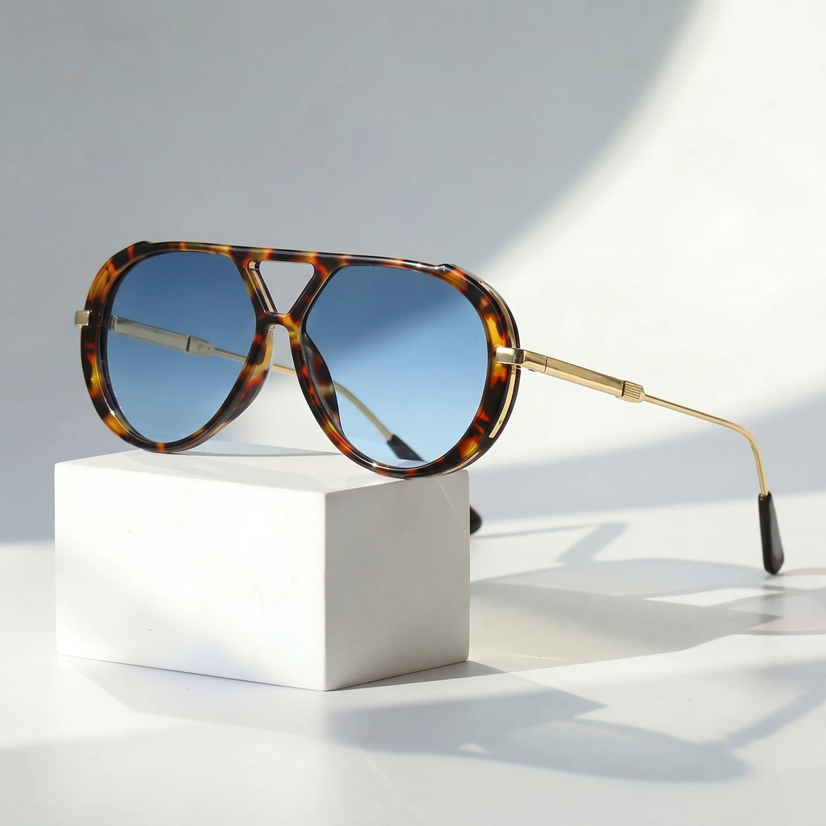 Unisex Angular Double-Bridge Aviator Sunglasses in Blue – product view | Hensley London