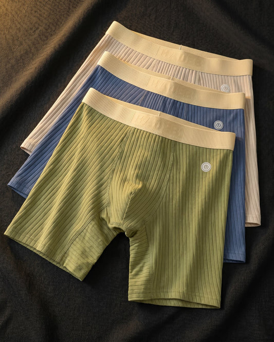 Men's Ribbed Cotton Boxer Briefs in Soft Utility Trio – front view | Hensley London