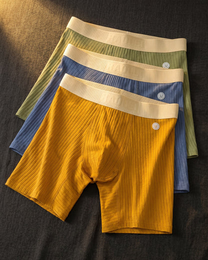 Men's Ribbed Cotton Boxer Briefs in Warm Balance Trio – flat lay | Hensley London