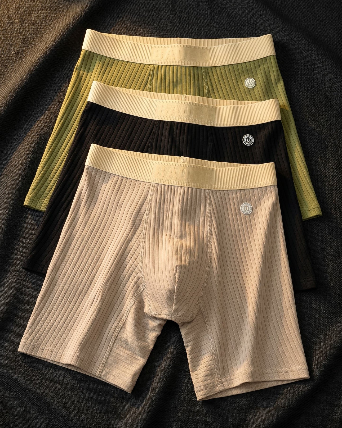 Men's Ribbed Cotton Boxer Briefs in Grounded Trio – pack view | Hensley London