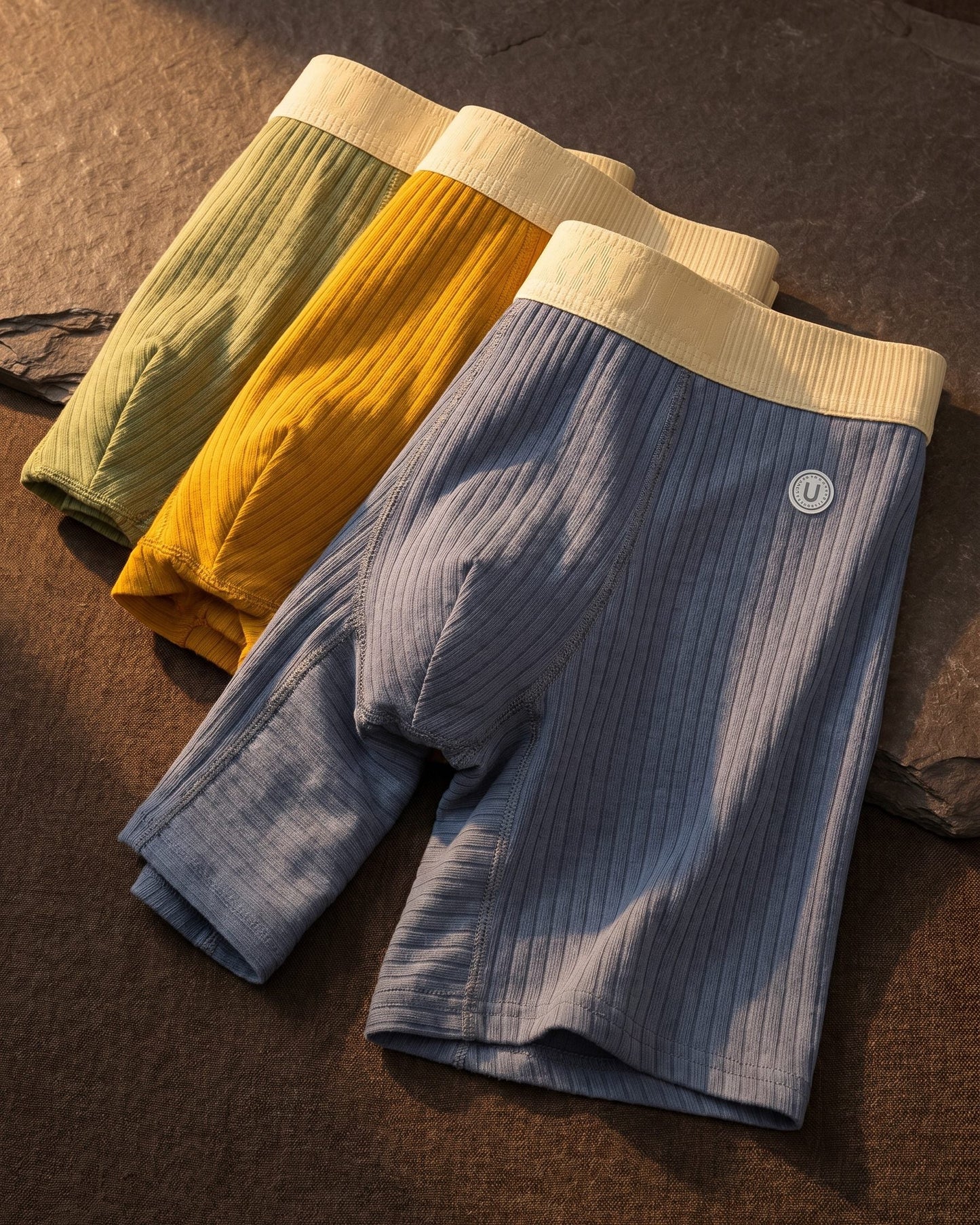 Men's Ribbed Cotton Boxer Briefs in Grounded Trio – side view | Hensley London