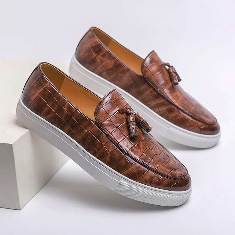Men's Leather Slip-On Loafers in Brown – front view | Hensley London