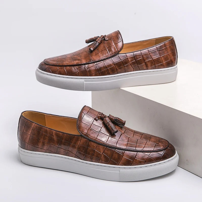 Men's Leather Slip-On Loafers in Black – front view | Hensley London