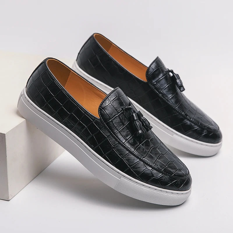 Men's Leather Slip-On Loafers in Black – side view | Hensley London