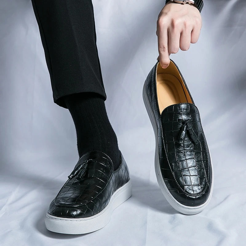 Men's Leather Slip-On Loafers in White – side view | Hensley London