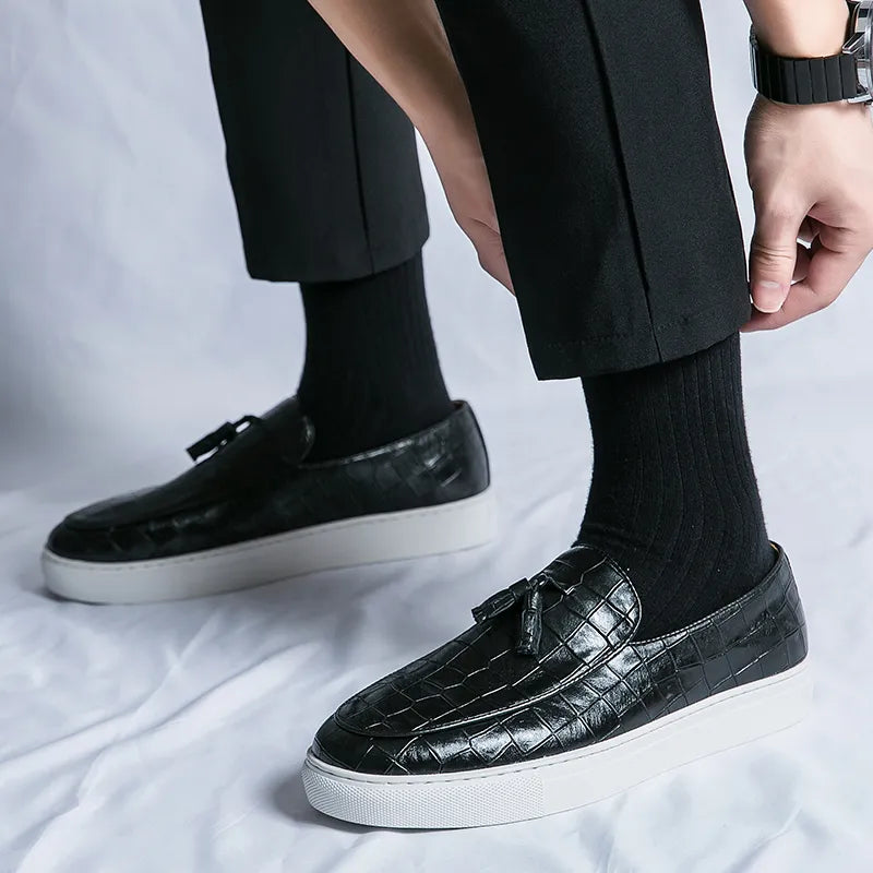 Men's Leather Slip-On Loafers in Black – detail view | Hensley London