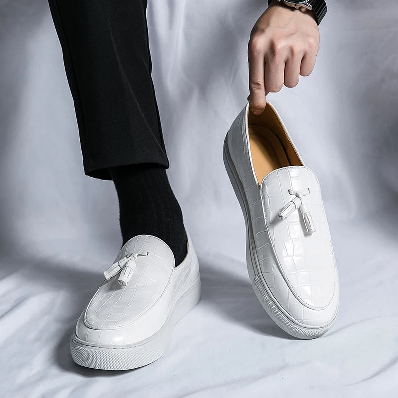 Men's Leather Slip-On Loafers in White – detail view | Hensley London