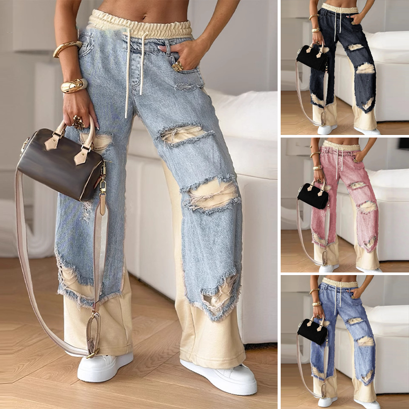 Women's Patchwork Distressed Wide-Leg Drawstring Pants in Black - additional view 2 | Hensley London