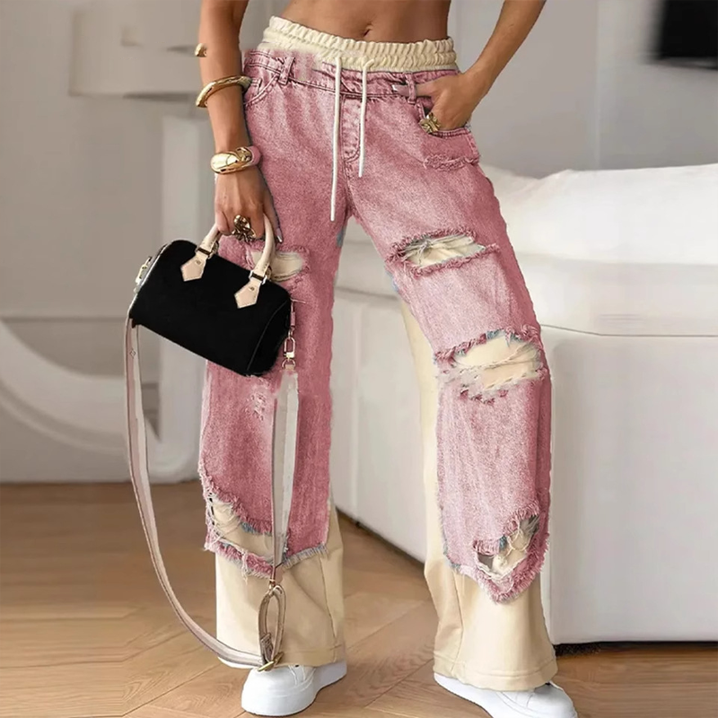 Women's Patchwork Distressed Wide-Leg Drawstring Pants in Pink - additional view 3 | Hensley London
