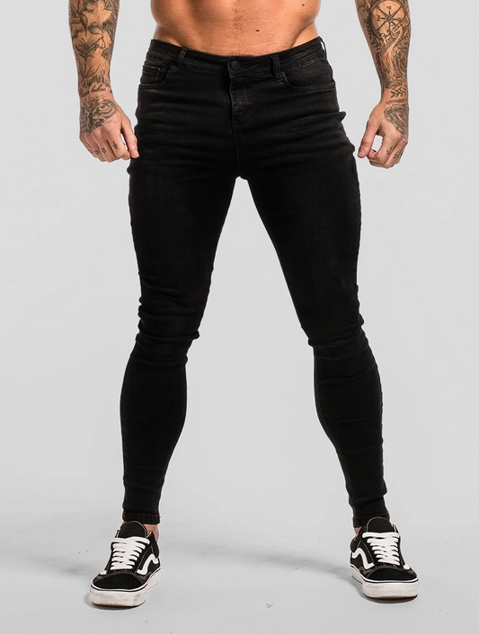 Men's Slim Fit Stretch Denim Jeans in Black – front view | Hensley London