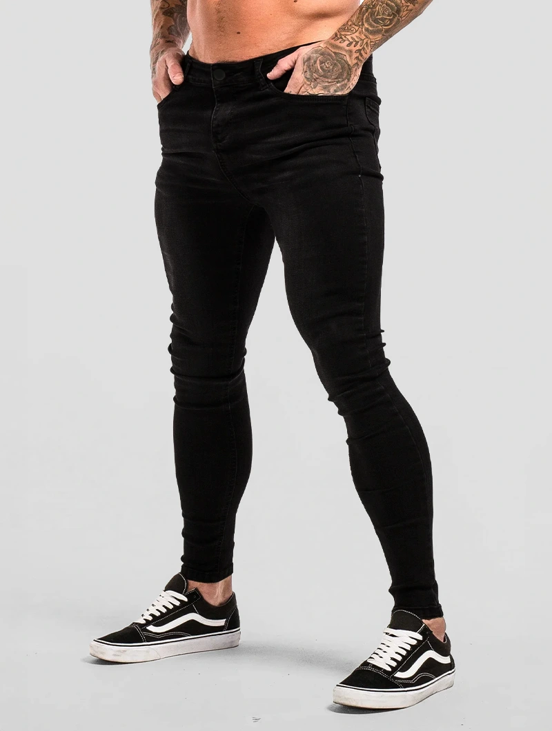 Men's Slim Fit Stretch Denim Jeans in Black – side view | Hensley London