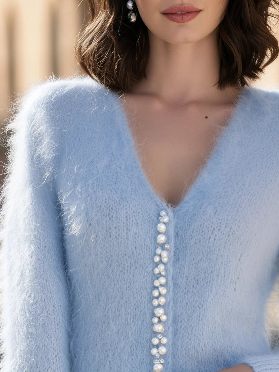 Women's Pearl-Look Trim Fuzzy V-Neck Cardigan in Powder Blue – product view | Hensley London