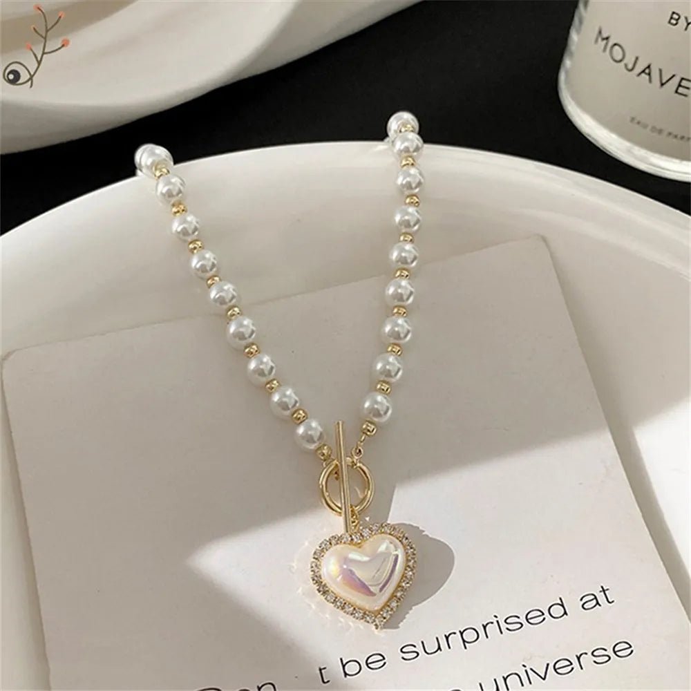 Pearl Heart Clasp Choker Necklace for Women – Elegant Faux Pearl Jewelry with Rhinestone Accents