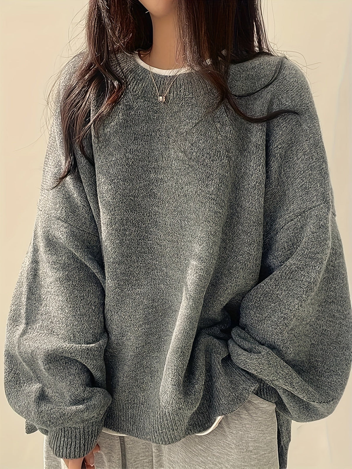 Women's Relaxed Crew Neck Long-Sleeve Sweater in Grey - product view | Hensley London