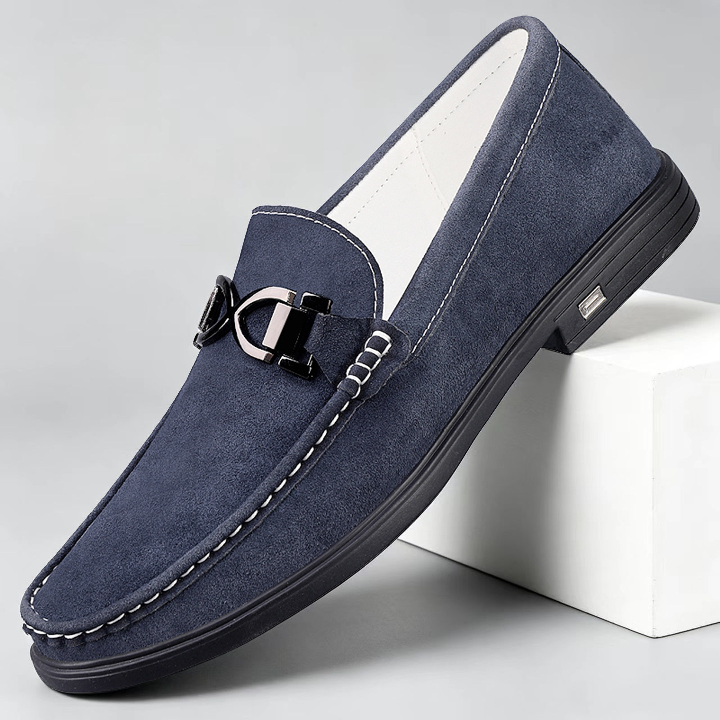 Men's Genuine Suede Penny Loafers in Navy – side view | Hensley London