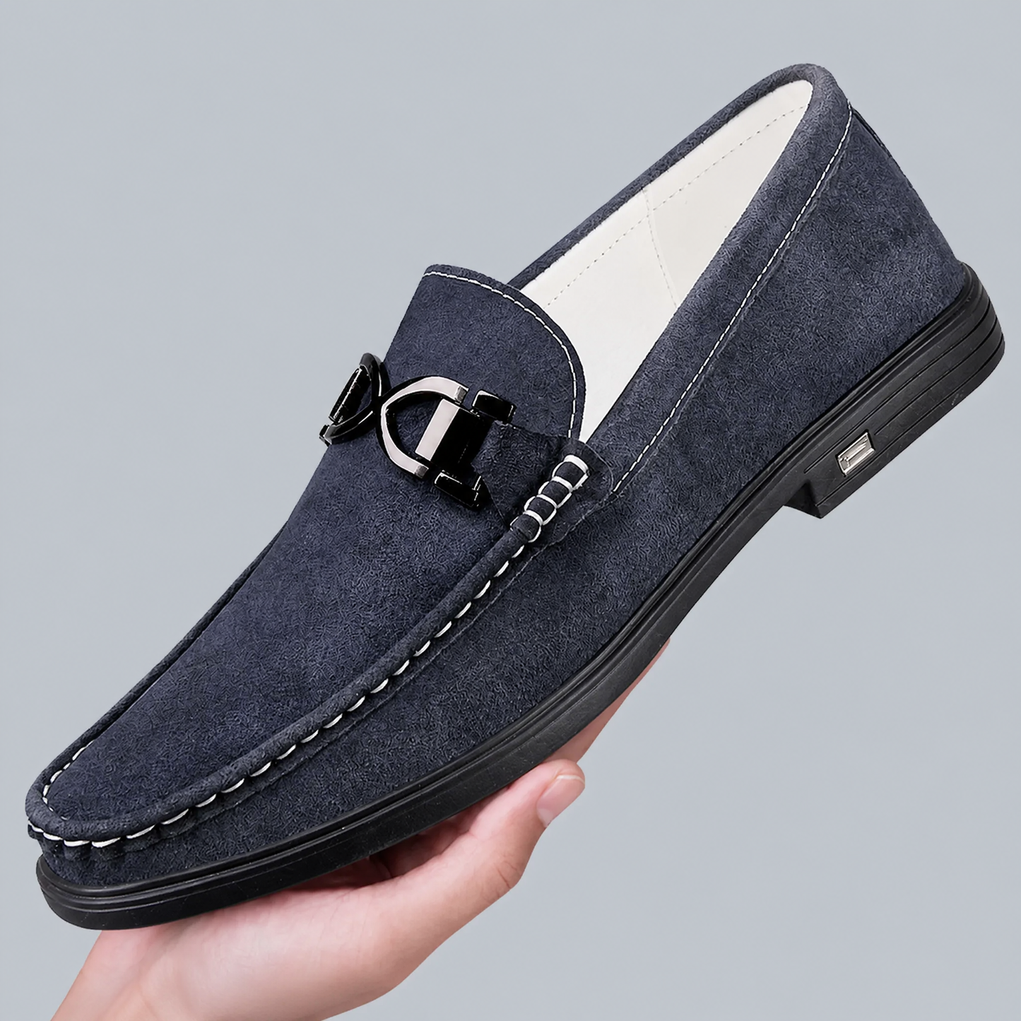 Men's Genuine Suede Penny Loafers in Navy – detail view | Hensley London