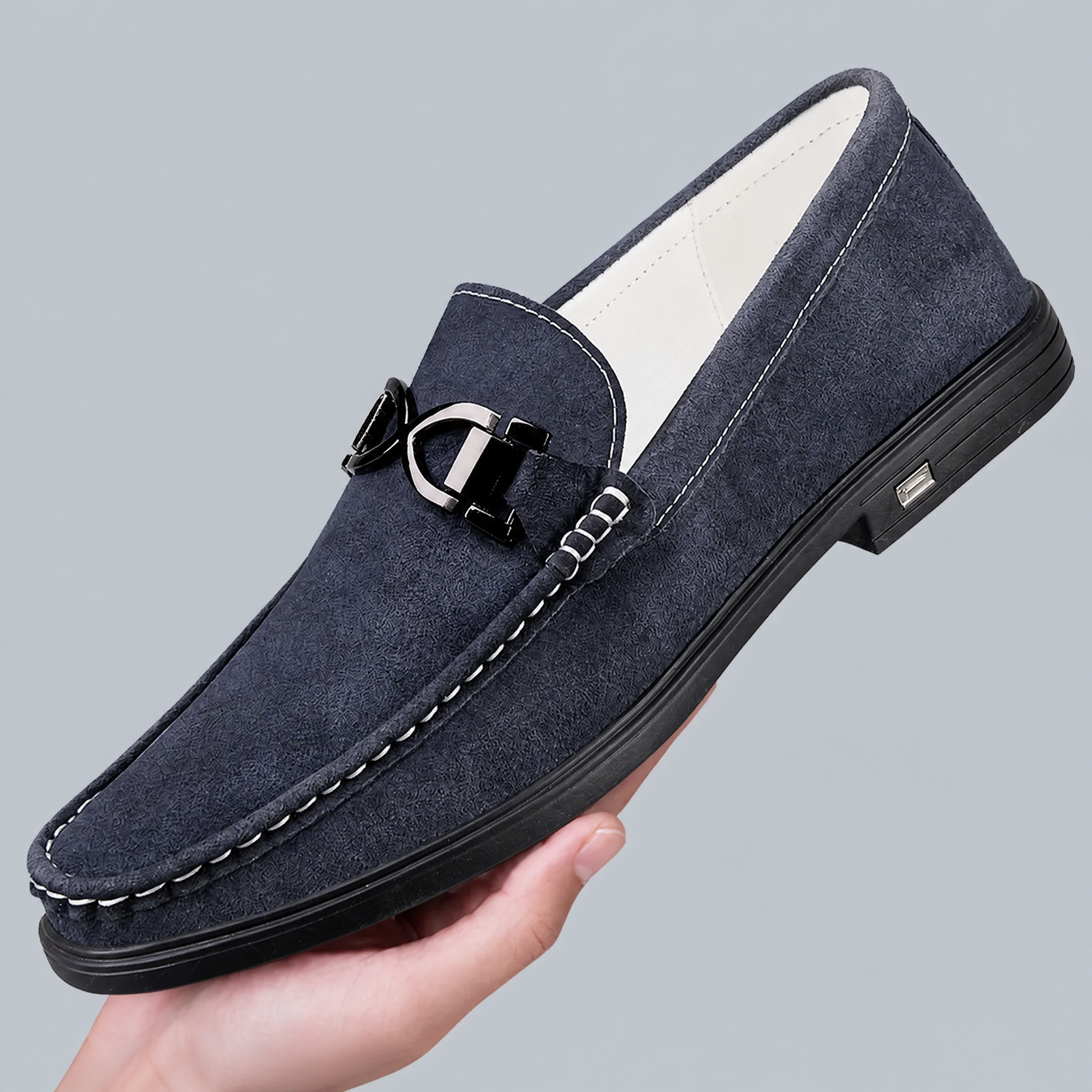 Men's Genuine Suede Penny Loafers in Navy – detail view | Hensley London