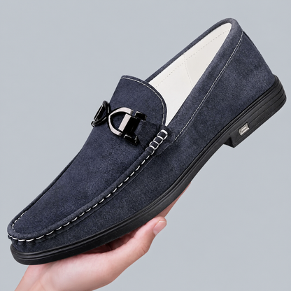 Men's Genuine Suede Penny Loafers in Navy – detail view | Hensley London