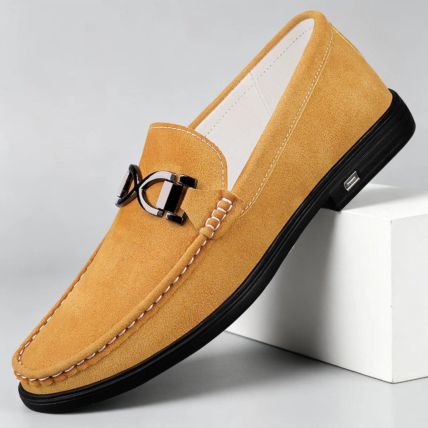Men's Genuine Suede Penny Loafers in Brown – side view | Hensley London