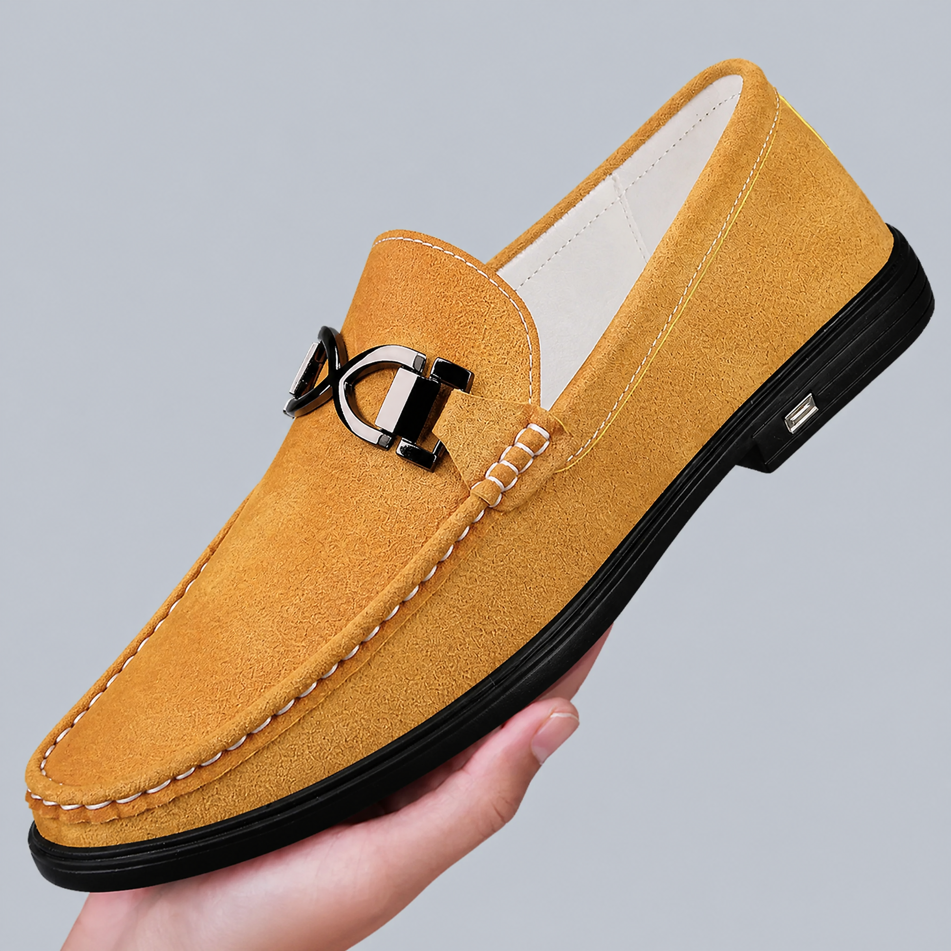 Men's Genuine Suede Penny Loafers in Brown – detail view | Hensley London