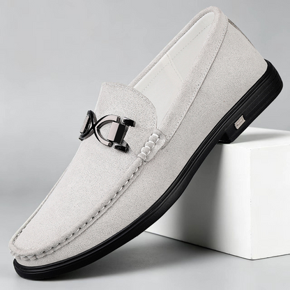 Men's Genuine Suede Penny Loafers in Gray – side view | Hensley London