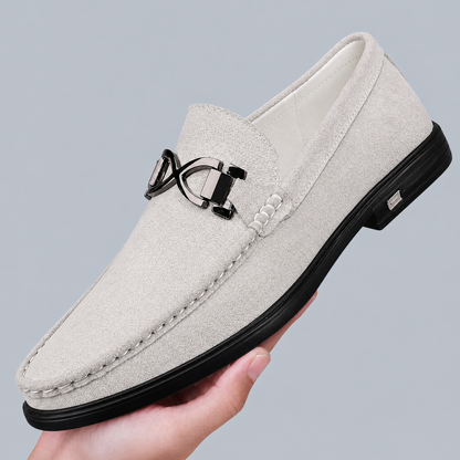 Men's Genuine Suede Penny Loafers in Gray – detail view | Hensley London