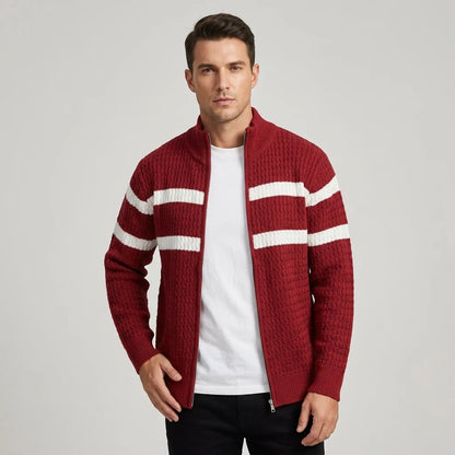 Men's Striped Cable-Knit Zip Cardigan in Crimson – product view | Hensley London