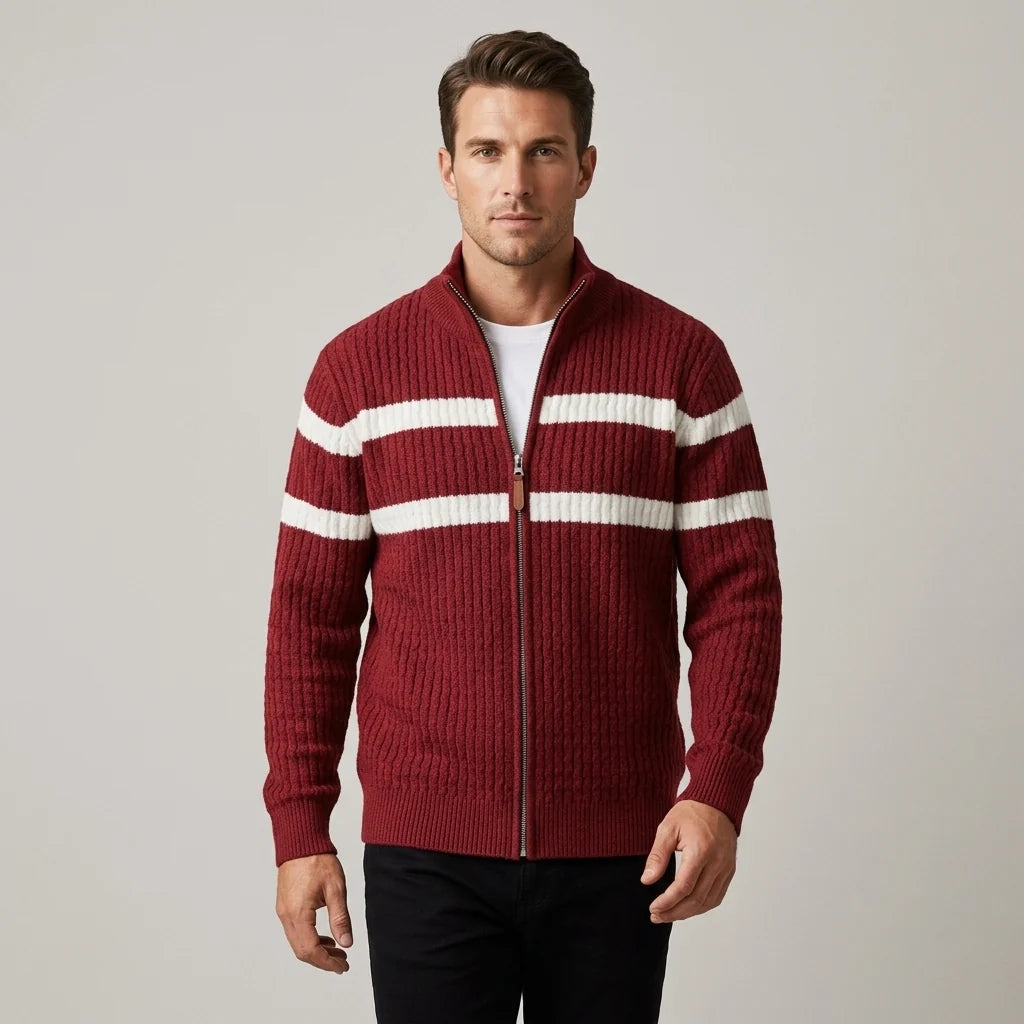 Men's Striped Cable-Knit Zip Cardigan – product view | Hensley London