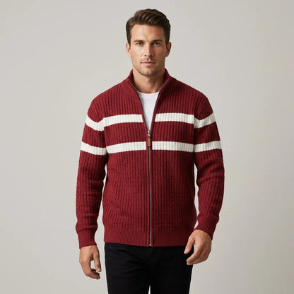 Men's Striped Cable-Knit Zip Cardigan – product view | Hensley London