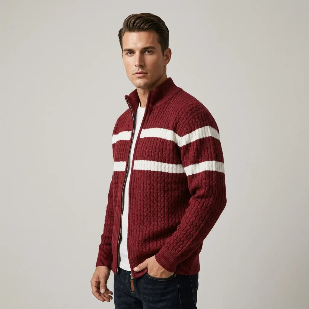 Men's Striped Cable-Knit Zip Cardigan – product view | Hensley London