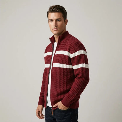 Men's Striped Cable-Knit Zip Cardigan – product view | Hensley London