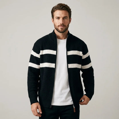 Men's Striped Cable-Knit Zip Cardigan in Charcoal – product view | Hensley London