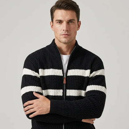 Men's Striped Cable-Knit Zip Cardigan – product view | Hensley London