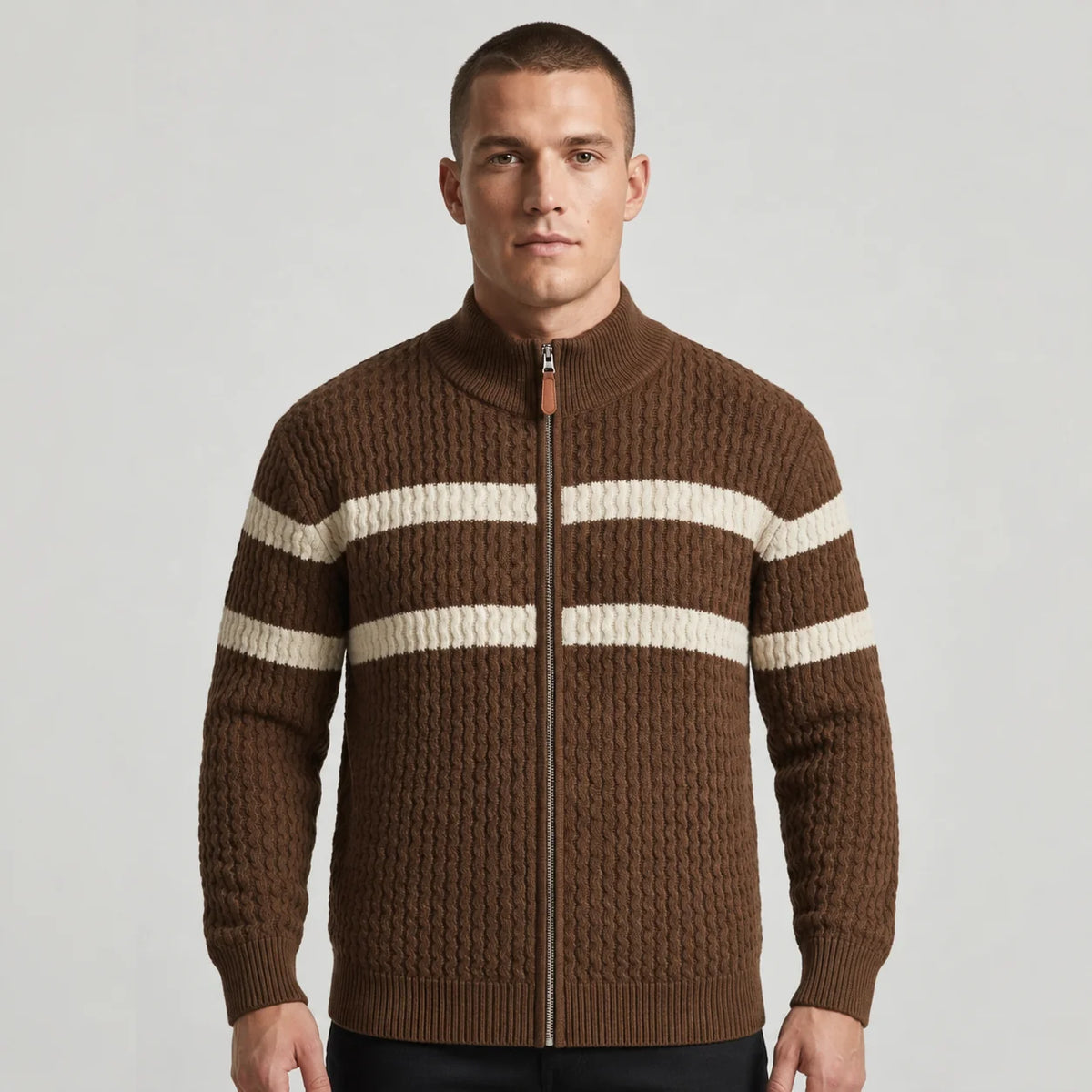 Men's Striped Cable-Knit Zip Cardigan in Espresso Brown – product view | Hensley London