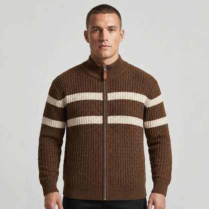 Men's Striped Cable-Knit Zip Cardigan in Espresso Brown – product view | Hensley London