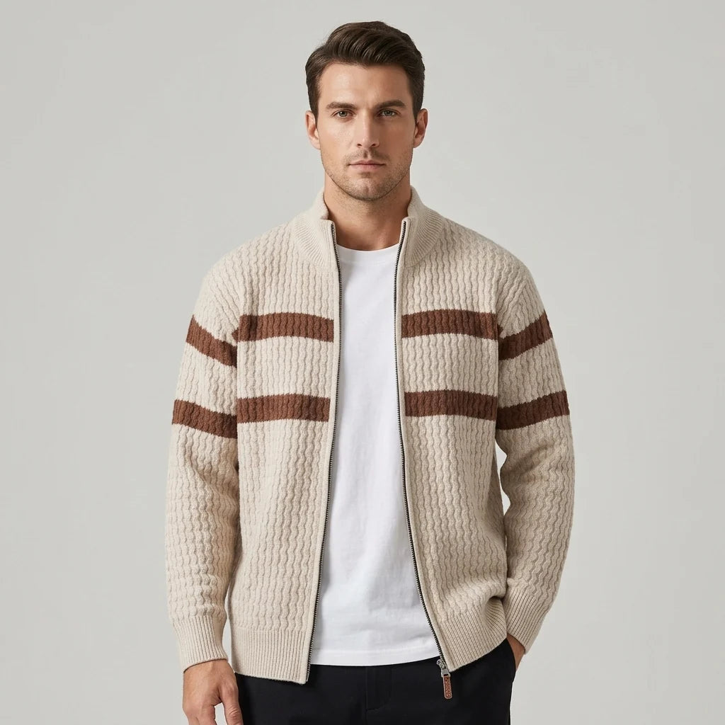 Men's Striped Cable-Knit Zip Cardigan in Beige – product view | Hensley London