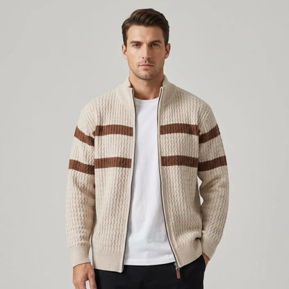 Men's Striped Cable-Knit Zip Cardigan in Beige – product view | Hensley London