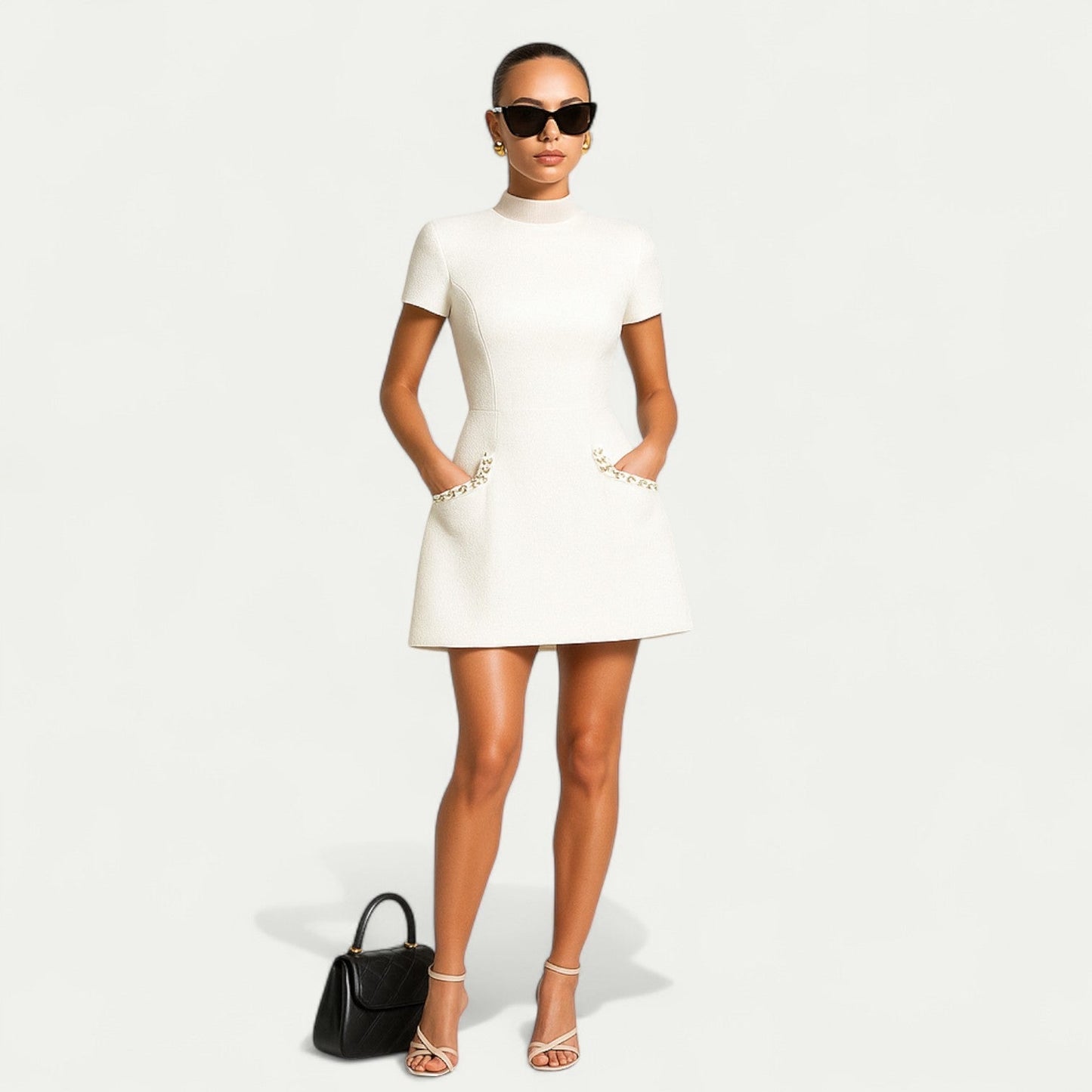 Women's Mini Dress White Structured Fabric Short Sleeve - 4