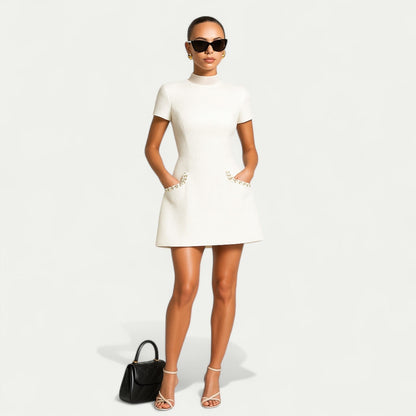 Women's Mini Dress White Structured Fabric Short Sleeve - 4