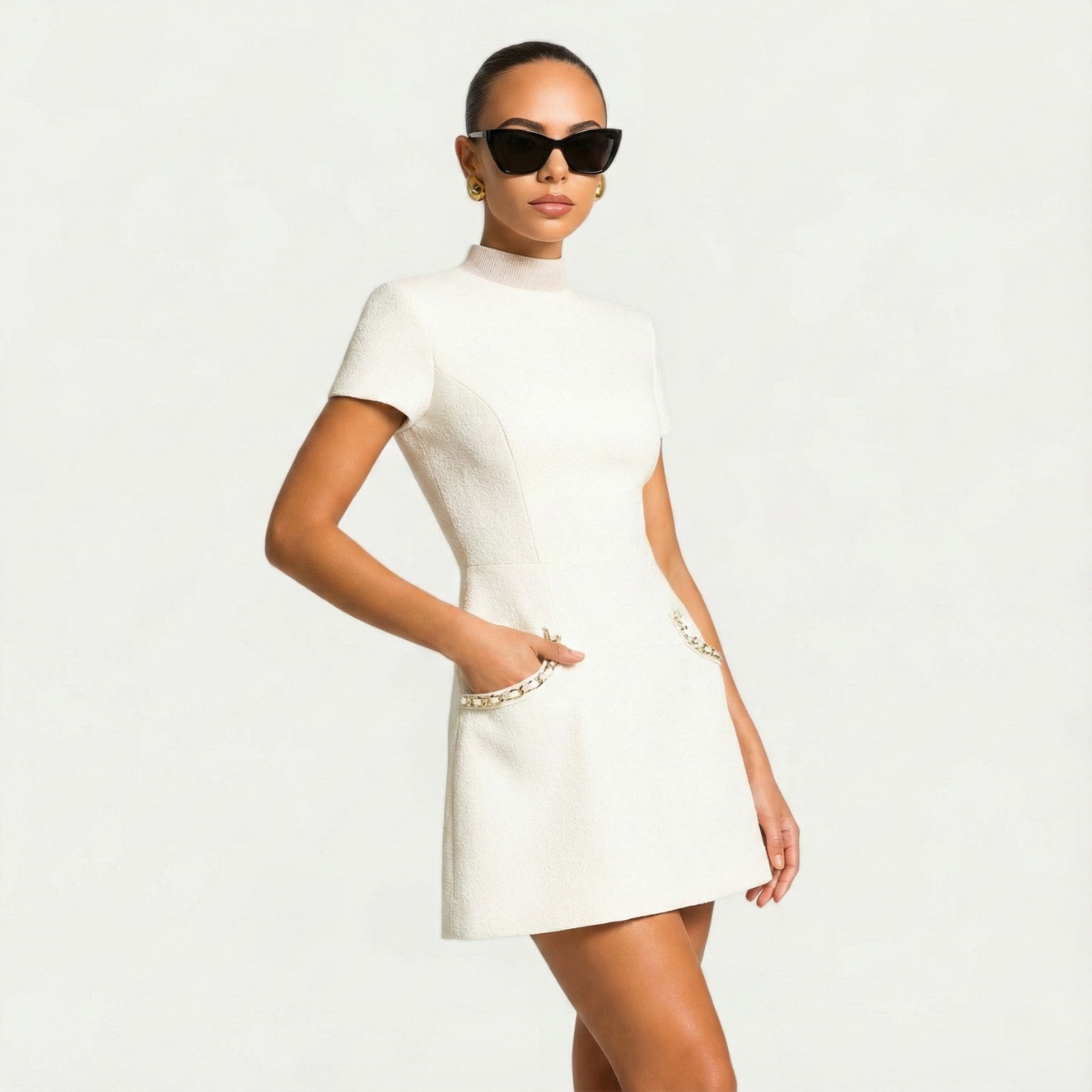 Women's Mini Dress White Structured Fabric Short Sleeve - 5